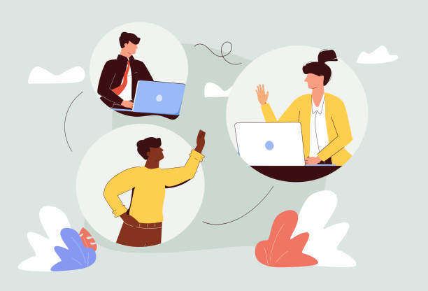 Hybrid team colleagues with distant online video call tiny person concept. Business project meeting using online messaging for distant work vector illustration. Flexible job workspace location choice.